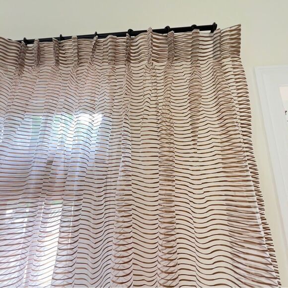 Sheer Pleated Curtain Light Beige Base With Brown Stripes One Panel - Picture 4 of 8